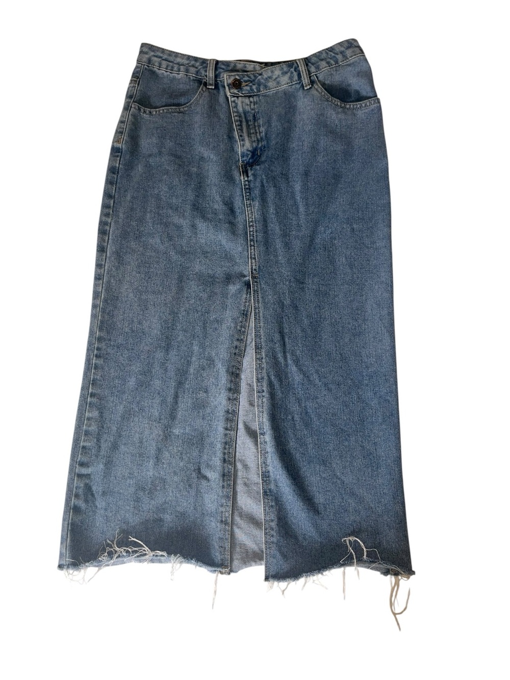 Happily Grey Blue Denim Midi Skirt with Front Slit and asymetrical waist